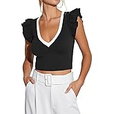 Ezbelle Women's Summer Shirts V Neck Crop Tops Ribbed Knit Tank Ruffle Sleeveless Top Sexy Blouse Ladies Clothes 2026