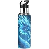 Dragon Blue Lightning Water Bottle with Straw Lid Kids Insulated Stainless Steel Water Flask Sports, 20 Oz Hot Cold