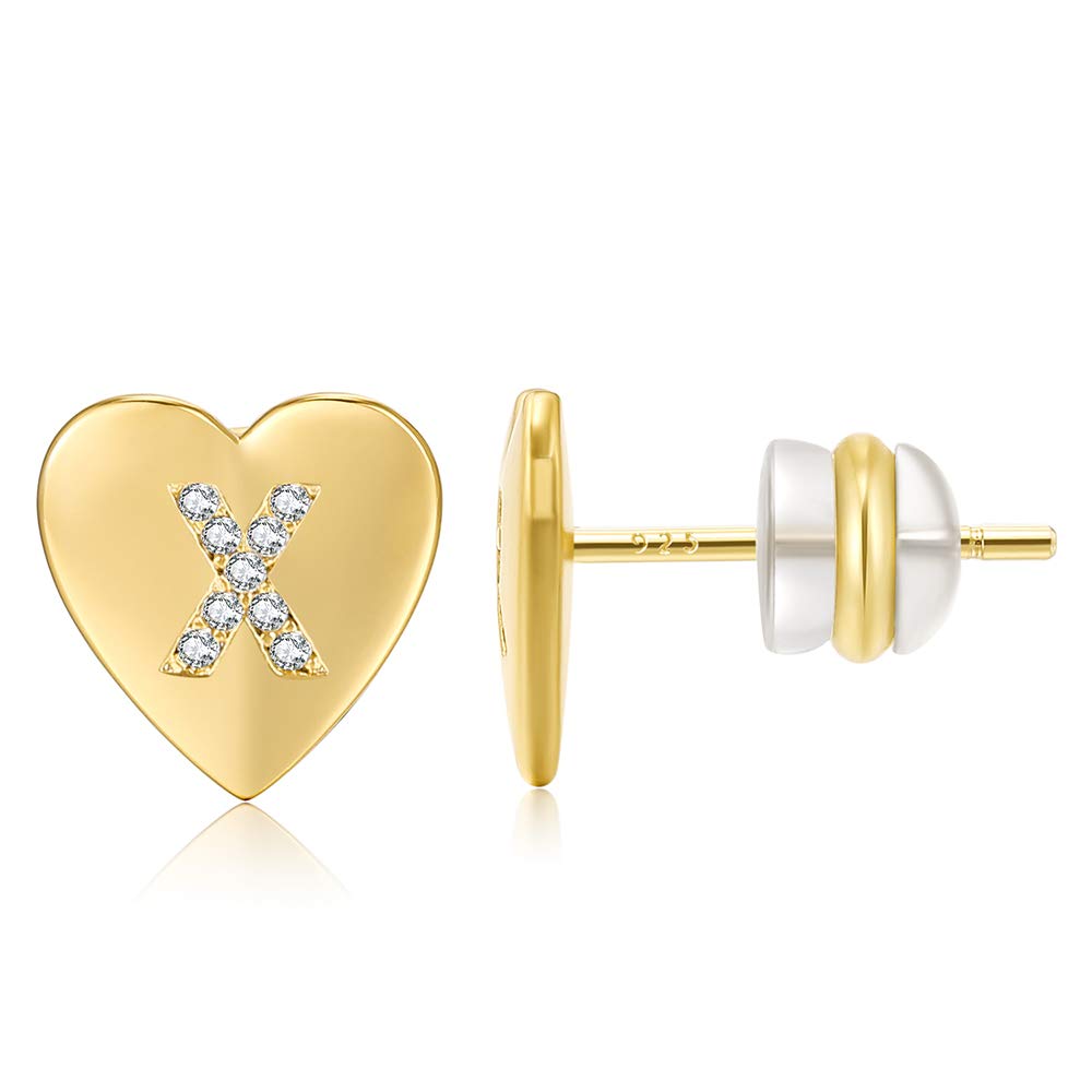 AoedeJ 14K Gold Plated Heart Initial Earring for Girls Women Sterling Silver CZ Letter Initial Alphabet Stud Earring Valentines Day Gift