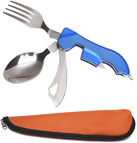 Portable 4-in-1 Camping Utensil Set,Folding Stainless Steel Outdoor Tableware - Knife,Spoon,Fork and Bottle Opener for Hiking/Survival (blue)