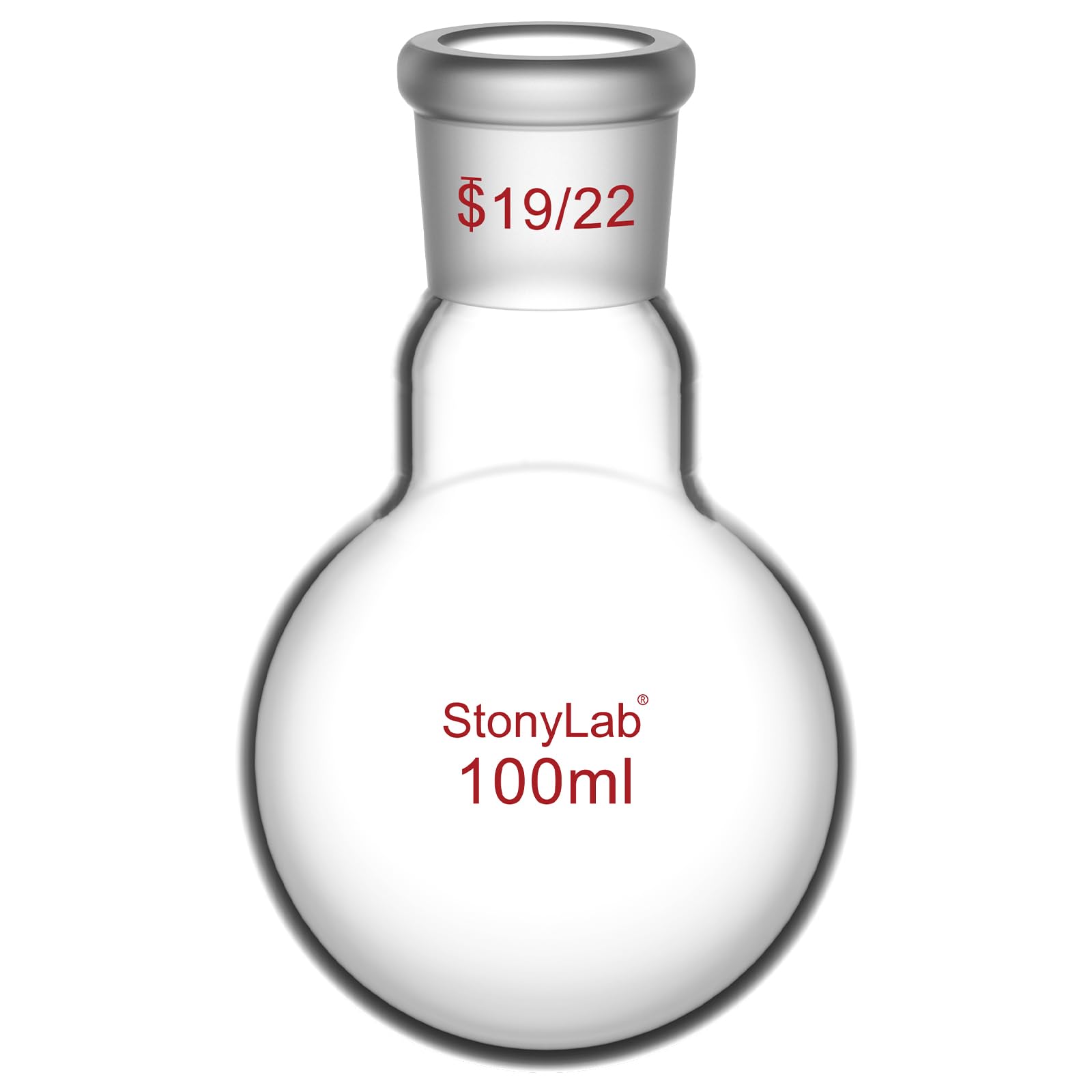 StonyLab Borosilicate Glass 100mL Heavy Wall Single Neck 1 Neck Round Bottom Flask RBF, with 19/22 Standard Taper Outer Joint - 100mL