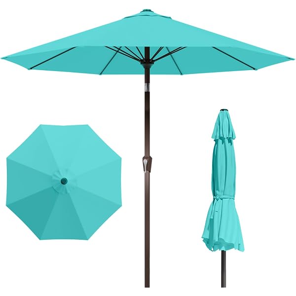 beach patio umbrella steel ribs Kingdom 9FT Patio with Fiberglass Ribs, Outdoor Market Table Umbrella with Crank and Tilt, UV Resistant Waterproof Canopy for Patio, Garden, Deck, Pool, Aqua Blue Size:ICF903-4 / 9'0