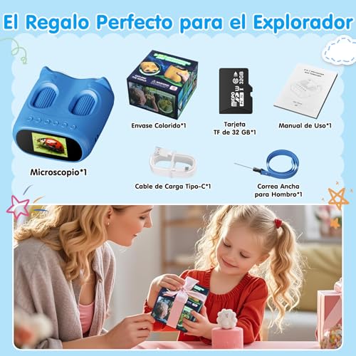 Cheffery 2 in 1 Microscope for Children and Telescope, Children's Digital Microscope with 32GB Memory Card, 1000X Portable Children's Microscope with 2" IPS Screen and 8 LEDs, for Ages 3+