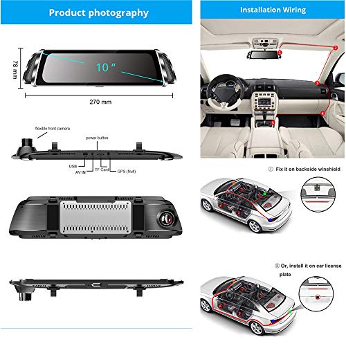 Mirror Dash cam,TekBow Backup Camera 10" Streaming Media Touch Screen 1080P Rearview Front Rear Dual Lens Waterproof Reversing Camera