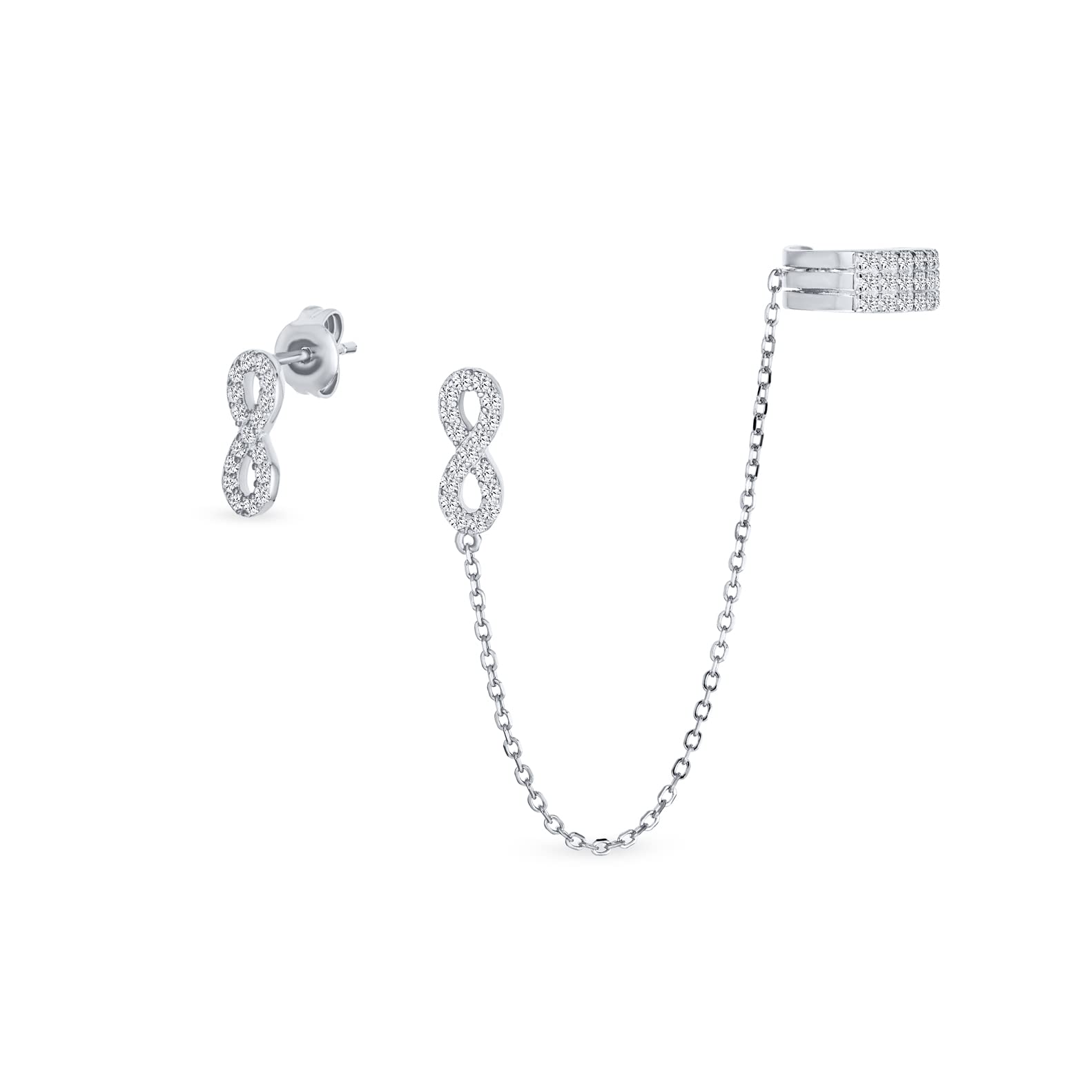 Love Symbol Chain Cartilage Ear Cuff Wrap Infinity Earring Pave CZ Stud Helix Earring Stud Set For Women .925 Sterling Silver — image 1