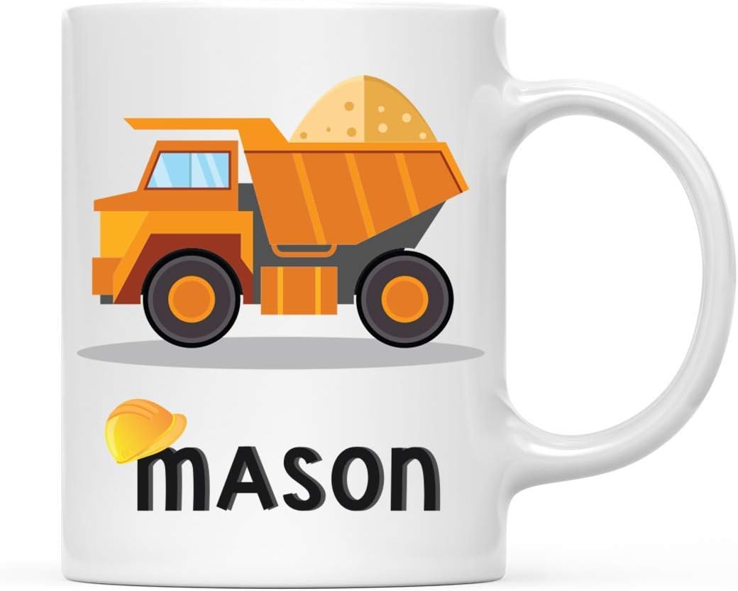 Personalized 11oz. Kids Hot Chocolate Mug, Orange Construction Truck Dump Truck, 1-Pack, Custom Child’s Birthday Christmas Coffee Cup