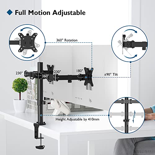 BONTEC 2 Screen PC Monitor Stand for 13-32 Inch Monitors, Height Adjustable PC Monitor Arm, Rotatable and Swivel, Tilt, Maximum Load of 10 kg per arm, 2 Mounting Options, VESA 75/100