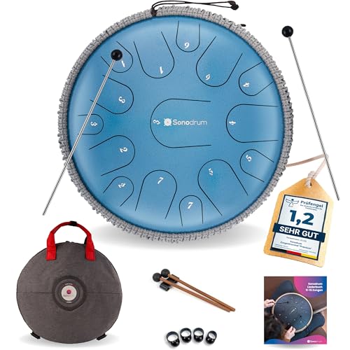 Sonodrum Zungentrommel "Premium" C - Dur in Blau - 35 cm groß mit 15 Tönen - Steel Tongue Drum inkl. Liederbuch, Schlägel, Fingersticks und Tragetasche - Notenl