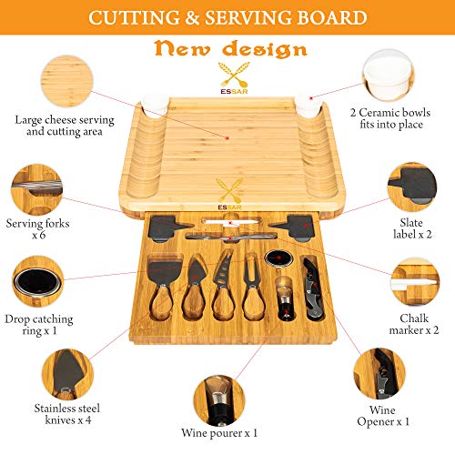 Large Bamboo Cheese Board Set - Wooden Serving Tray and Charcuterie Platter with Two Ceramic Bowls, Hidden Magnetic Drawer, Cheese Knives, Serving Forks, Markers and Wine Accessories