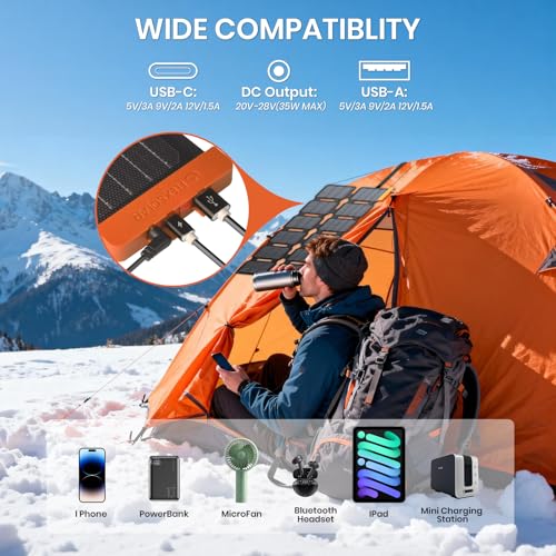 Flexsolar 36 W Mini Foldable Solar Charger, Waterproof E-Film Solar Panel Portable with USB-A/USB-C/DC Ports for Power Stations, Smartphones, Tablets, Power Banks, Outdoor, Camping, Emergency