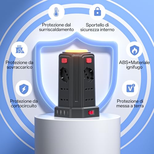 2 M Power Strip with Night Light 12 Universal Sockets 10/16A ITA and Schuko and 3 USB A+1 USB C Overvoltage Protection with 4 Independent Switches for Office, Home