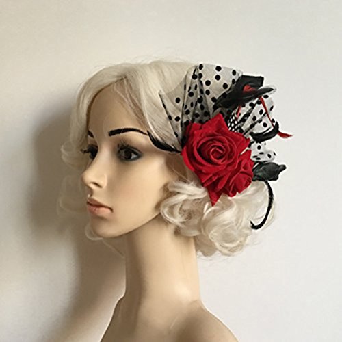 Tinksky Feather Headpiece Flower Hairband Headband Bridal Fascinator Red Rose Flower Dots Hair Clips Headwear Wedding Supplies Fancy Dress Party Dress-up Accessories, Mother's Day Christmas Gift (Red)