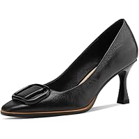 TinaCus Women's Pointed Toe Pumps - Genuine/Patent Leather, Mid Heel, Buckle Strap - View #4