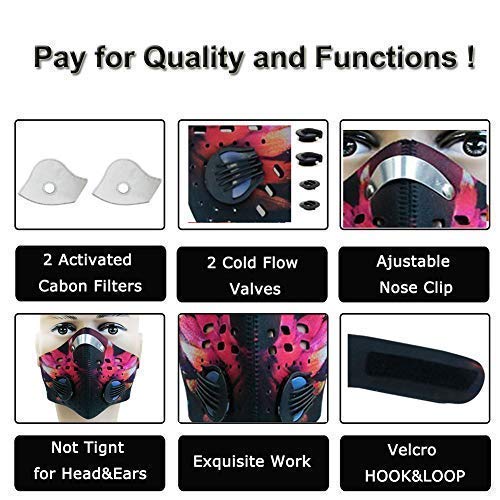 Cycling Sports Running Outdoor Mask Activated Carbon Dustproof Gas PM2.5 Dust Anti Pollution Anti Pollen Allergy Filtration Exhaust Gas Mask Mouse-Muffle Ski Training with 2 Valves 2 N99 Filters