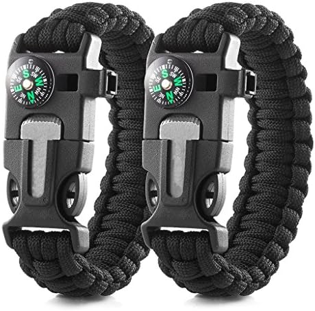 FIFUN Survival Paracord Bracelet – with Compass, Fire Starter,Knife, Whistle – Pack of 2