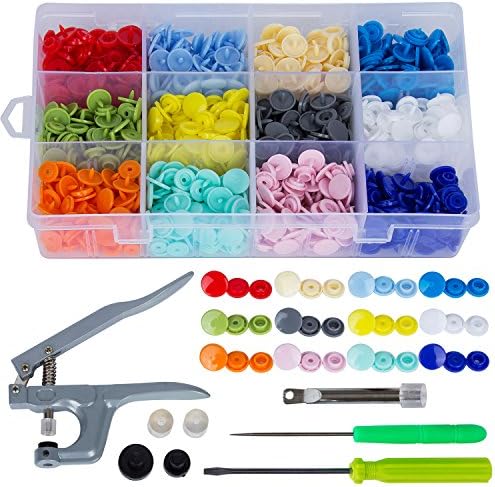 Sadzero 300 Set T5 Snap Button Plastic with Snaps Pliers and Organizer Storage Containers No-Sew Buttons Fastener Setter Hand Tool (Rainbow White) for Cloth Diapers, Bibs, Embroidery and DIY Crafts