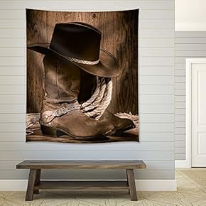 Rustic Cowboy Shoes and Hat - Fabric Tapestry, Home Decor - 51x60 inches
