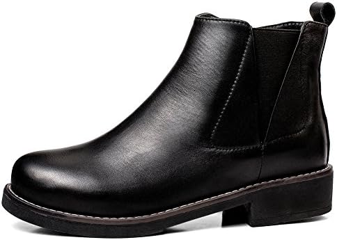 Hecater Women's Leather Work Martin Walking Boots - Black Block Low Heel Round Toe Ankle Booties For Women - Cowboy Side Zipper Womens Elastic Slip On Mid Calf Flats Shoes Size 8.5