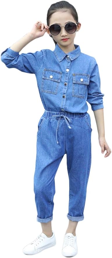 Panpanbox 2 Pieces Girls Jeans Shirt Long Sleeve And Cargo Pants Kids Chino Trousers Denim Set Tops Elastic Waist Pants For 4 11 Years Amazon Co Uk Clothing