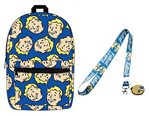 Fallout Blue Vault Boy School Bundle Set Heads All Over Backpack Plus Lanyard