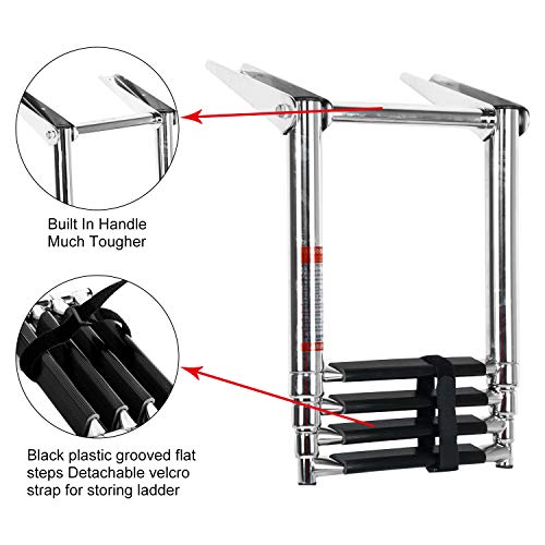 DasMarine 4 Step Ladder 316 Stainless Steel Telescoping Ladder, Telescoping Folding Over Platform Boarding Swim Step Ladder with Built in Handle, 900 lbs. Capacity with Secure Strap