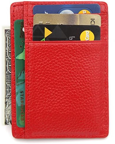 Zhoma RFID Blocking Wallet Slim Front Pocket Leather Card Holder with ID Window - Red