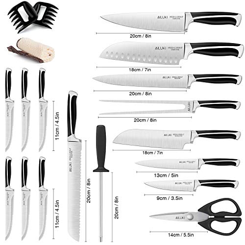 Knife Set, Kitchen Knife Set with Block, AILUKI 19 Pieces Stainless Steel Knife Set, Ergonomic Handle for Chef Knife Set with Gift Box, Ultra Sharp, Best Choice for Cooking