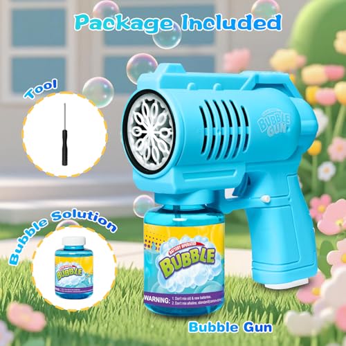 BUBOJOY Bubble Gun for Kids, Automatic Bubble Machine 10000+ Bubbles/Min with Solution, Silent Bubble Blower with Lights for Outdoor Parties Wedding- Blue