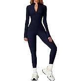 ECUPPER Women Long Sleeve Bodycon Jumpsuits Workout Zip Up Unitard One Piece Full Bodysuits Sexy Yoga Rompers Pants