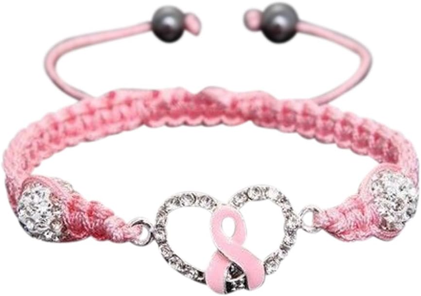 Pink Macrame Adjustable Breast Cancer Awareness Bracelet with Rhinestone Beads & Pink Enamelled Ribbon on Rhinestone Heart