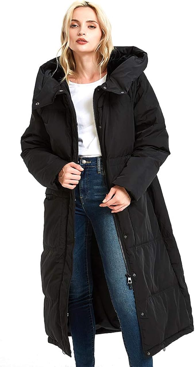 full length down coat with hood