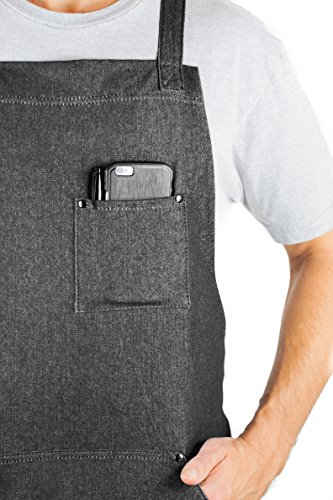Hudson Durable Goods - Denim Apron for Chef, Kitchen, BBQ, and Grill (Black) with Towel Loop + Tool Pockets + Quick Release Buckle, Adjustable M to XXL