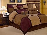7 Piece Micro Suede Patchwork Bugundy, White, Tan, Brown Luxury Comforter Set, Queen, King, Cal King (Queen, Burgundy / Brown)