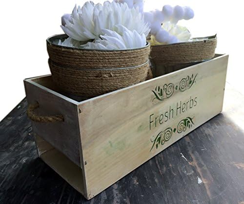 Wooden engraved Herb Garden Planter cover 18" Rectangular Rustic Wood Planter with handles off-white finish