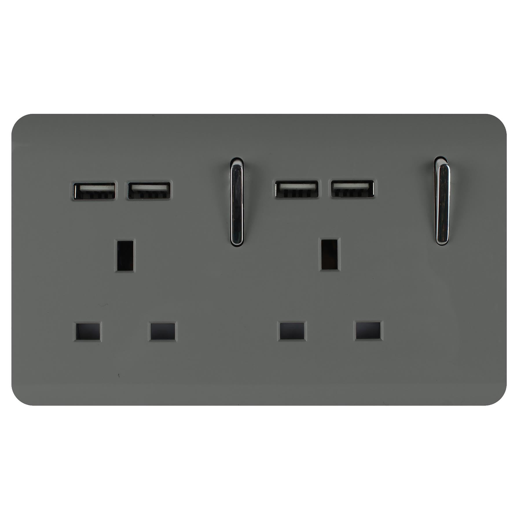 Trendi 2 Gang Artistic Modern Glossy Screwless Raised 13 Amp 240v Short 4 USB Type A Charging Points Double Chrome Switched Electrical Wall Plug Socket Charcoal Grey - ART-SKT213USBCH