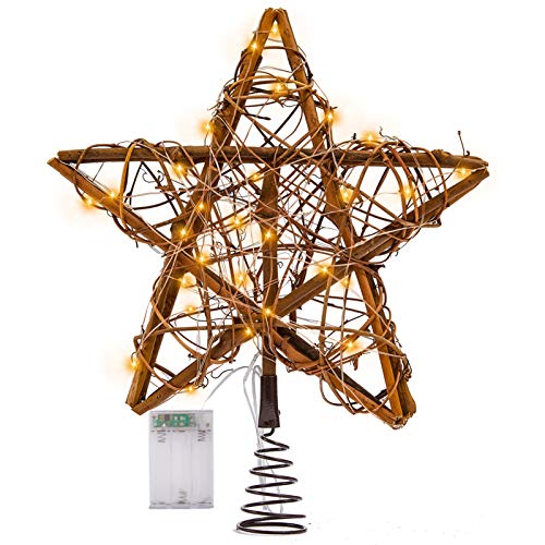 Rattan Christmas Tree Topper with Lights, Prelit Christmas Star