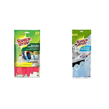 Scotch-Brite Heavy Duty Gloves (with Fresh Lemon Scent & Inner Cotton Lining for Comfort) Medium, Re & Microfiber Bathroom Wipe (Blue) Combo