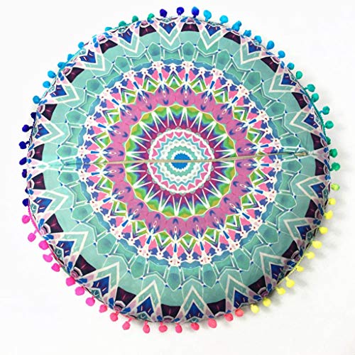 Indian Mandala Floor Pillows Round Bohemian Cushion Cushions Pillows Cover Case Meditation Ottoman Pouf Cover Comfortable Home Car Bed Sofa (Green) - Thumbnail 2