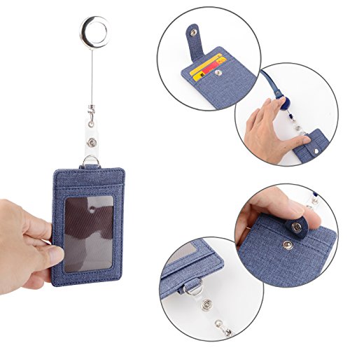ID Badge Holders with 1 ID Window and 2 Card Slot with Detachable Reel Type Neck Lanyards & Reel Clip 2-Sided Vertical PU Leather Employee Certificate Pass Case Name Holder(Blue) - Thumbnail 5