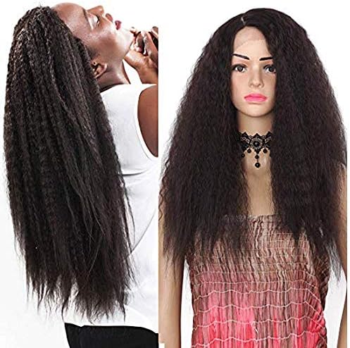 Kinky Straight Synthetic Wigs for Women long Wavy Lace Front Wig Side Parting Heat Resistant Replacement Wigs Natural Hair African American Wigs (Yaki-#4)