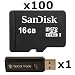 100 PACK - SanDisk 16GB MicroSD HC Memory Card SDSDQAB-016G (Bulk Packaging) LOT OF 100 with SoCal Trade USB 2.0 MicoSD & SD Memory Card Reader