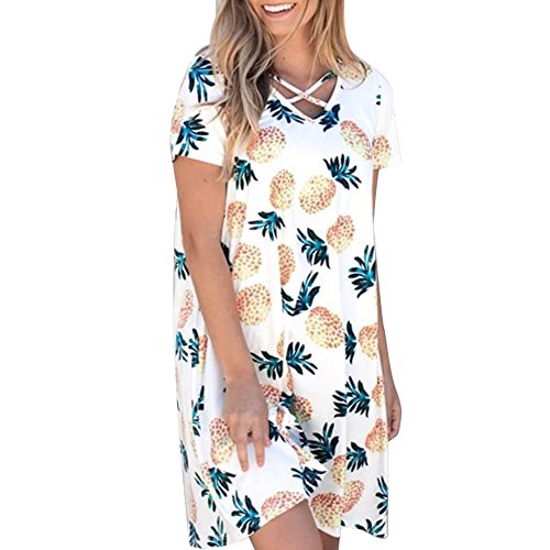 XILALU Fashion Womens Casual Pineapple Print O-Neck Short Sleeve Shift Loose T Shirt Mini Pocket Dress (L, White)