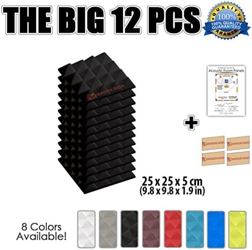 Dragon Dash (12 Pieces) of 9.8" x 9.8" x 1.9" Inches Black Acoustic Soundproofing Pyramid Foam Studio Treatment Wall Panel Tiles DD1034 (BLACK)