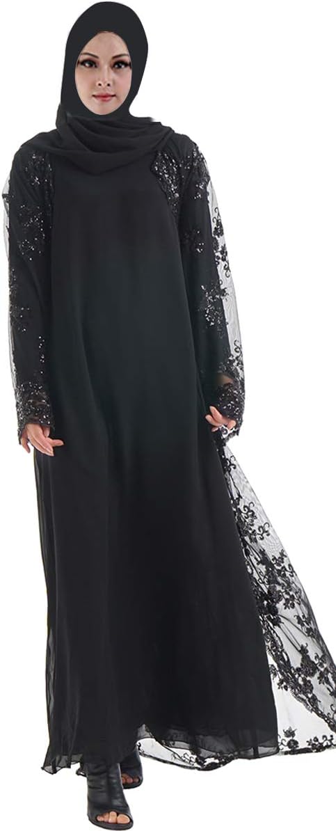 Open Abaya for Women, Long Sleeve Soft Lace Sequins Embroidered Cardigan with Belt