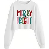 Womens Casual Merry Sweatshirts Merry and Bright Christmas Sweatshirt Long Sleeve Crop Graphic Tees
