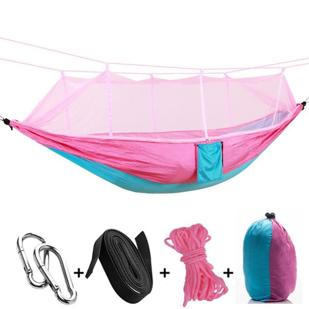 Photo 1 of Camping Hammock with Mosquito Net,1-2 Lightweight Portable Outdoor Camping Hammock Nylon Hammock Tent with Tree Straps for Indoor, Camping, Hiking, Backpacking, Beach,Backyard,Pink and Sky Blue