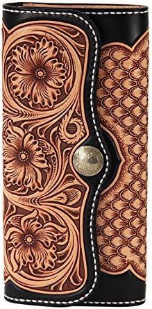LengRen Senior Handmade Long Wallet Carved with Plant Pattern in Tang Dynasty Genuine Italian Full Grain Leather with Vegetable Tanning Technology Personal Design of Silver Clasps, Coffee