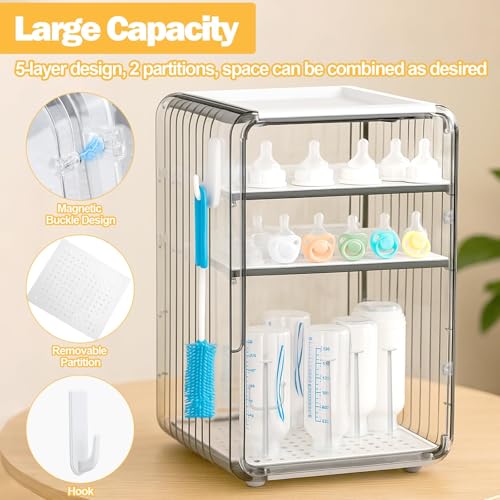 GOGOBAO Baby Bottle Organizer,Clear Baby Bottle Storage Organizer for Countertop and Cabinet,with Drying Rack and Hook,Space-Saving,Multifunctional Station Organizers Accessories