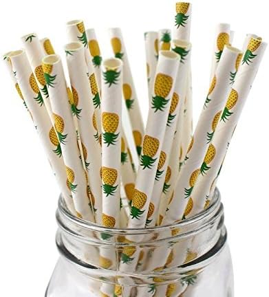 Abolo-Pineapple Patterned Drinking Paper Straws Tropical Hawaiian Summer Beach Pool Party Decorations,Disposable 7.75 Inches, Pack of 25