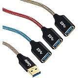 USB Extender,Nylon Braided USB 3.0 Extension Cable,Canjoy 3 Pack 6feet Super Fast Nylon Braided Charger -Type A Male to Female Extender Cord with Black Metal Gold-Plated Connector-(Blue Gold Red)